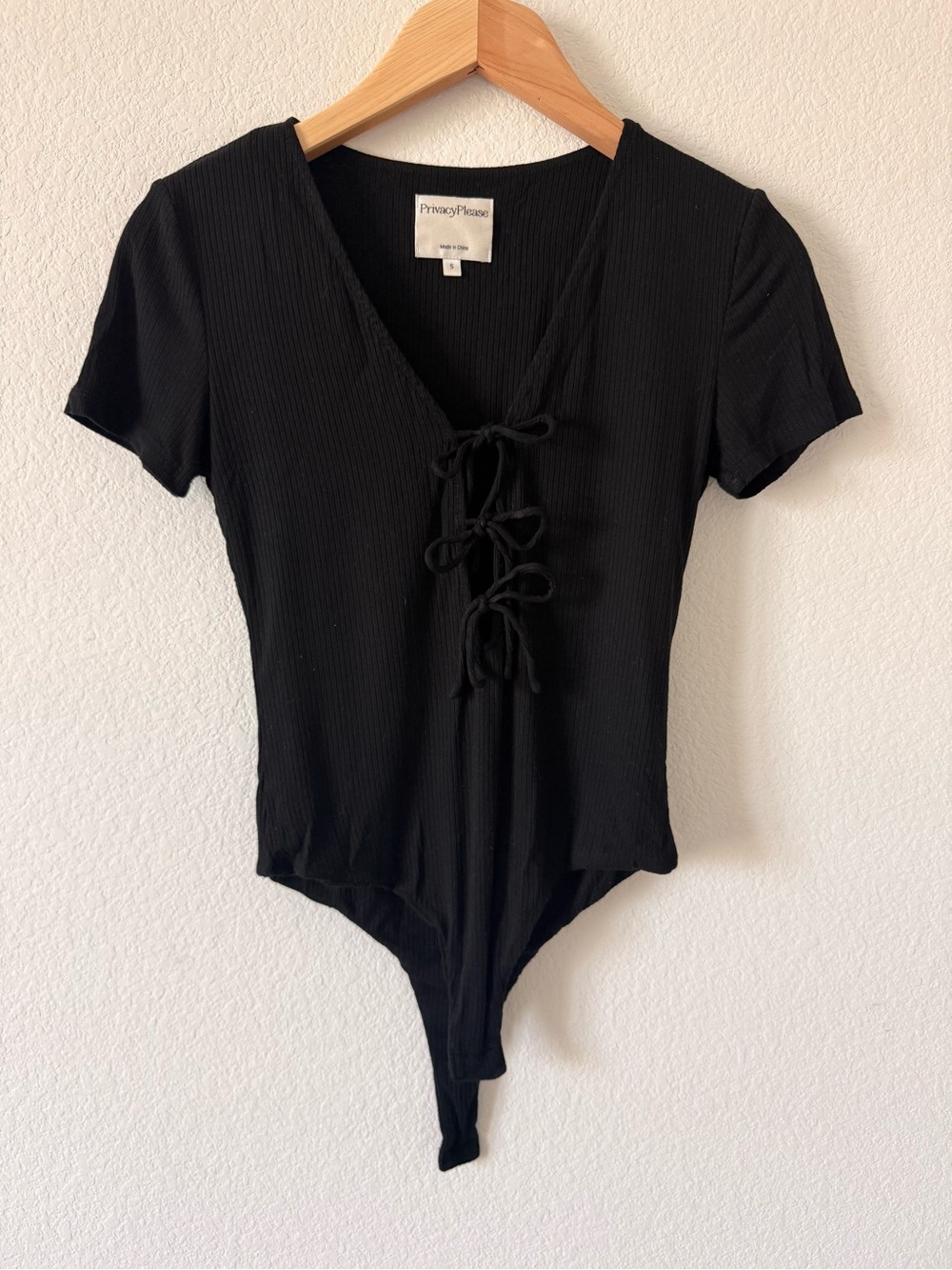 Privacy Please Black Ribbed Tie-Front Bodysuit